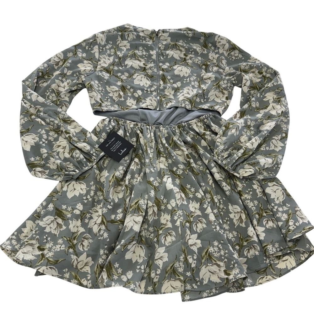 Lulus Dress Women Medium First Blooms Dusty Blue Floral Print Long Sleeve Cutout - Picture 7 of 13